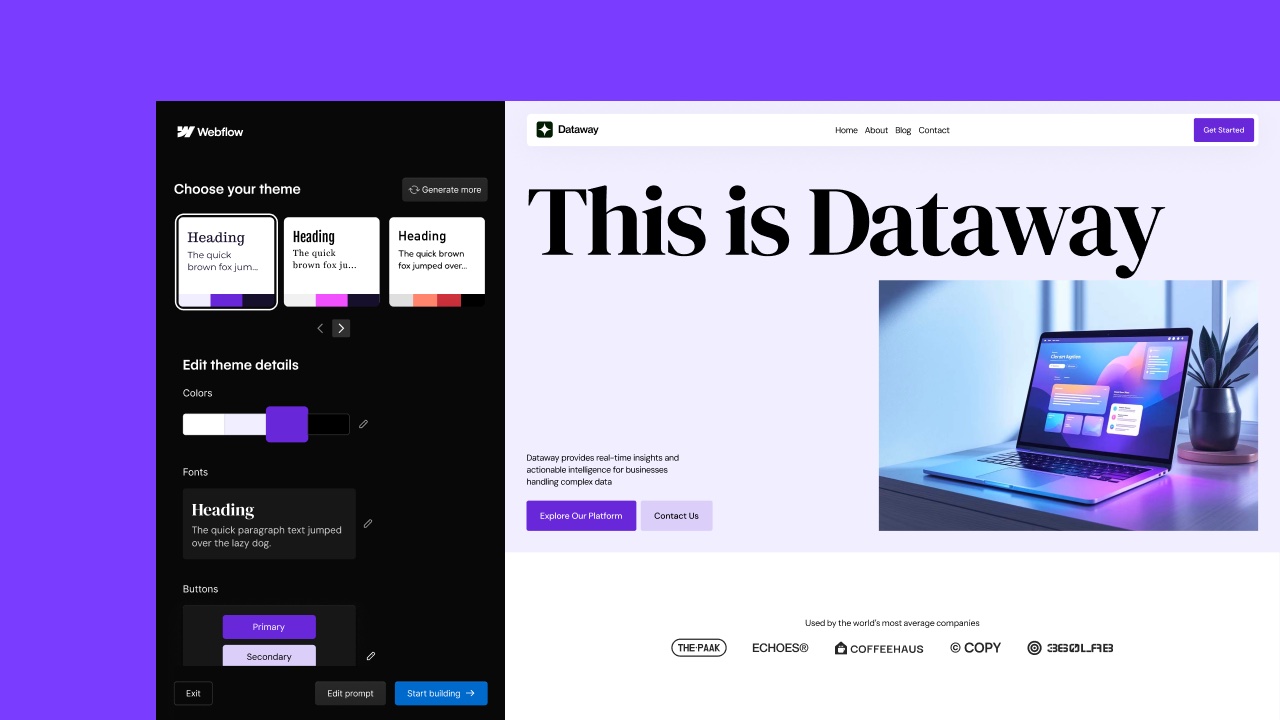 A website builder open beside a finished landing page